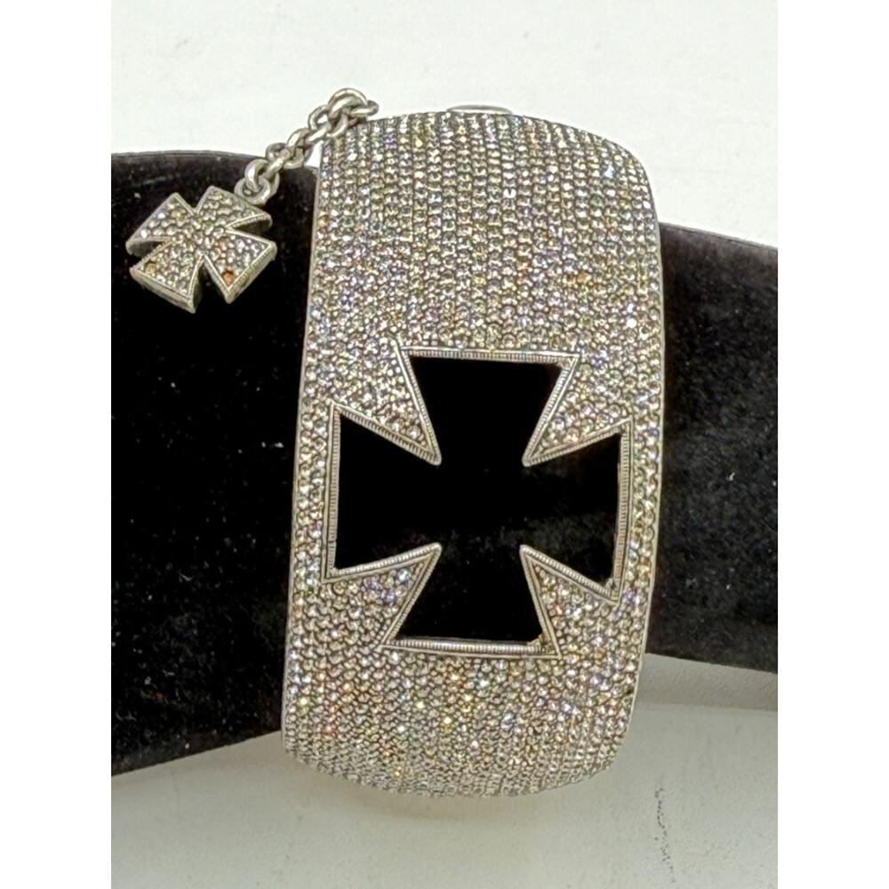 Silver-Tone Pavé Cross Cuff Bracelet with Charm – Unbranded